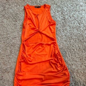 SHEIN Orange Ruched Tie Front Bodycon Dress
